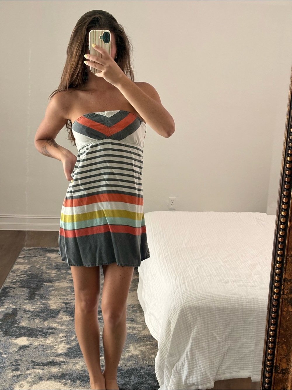 Roxy Striped Strapless Summer Dress in Gray, Orange, Yellow, White